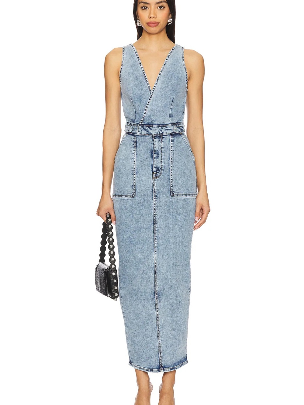 Good American Light Wash Denim Maxi Overalls Dress - Blue